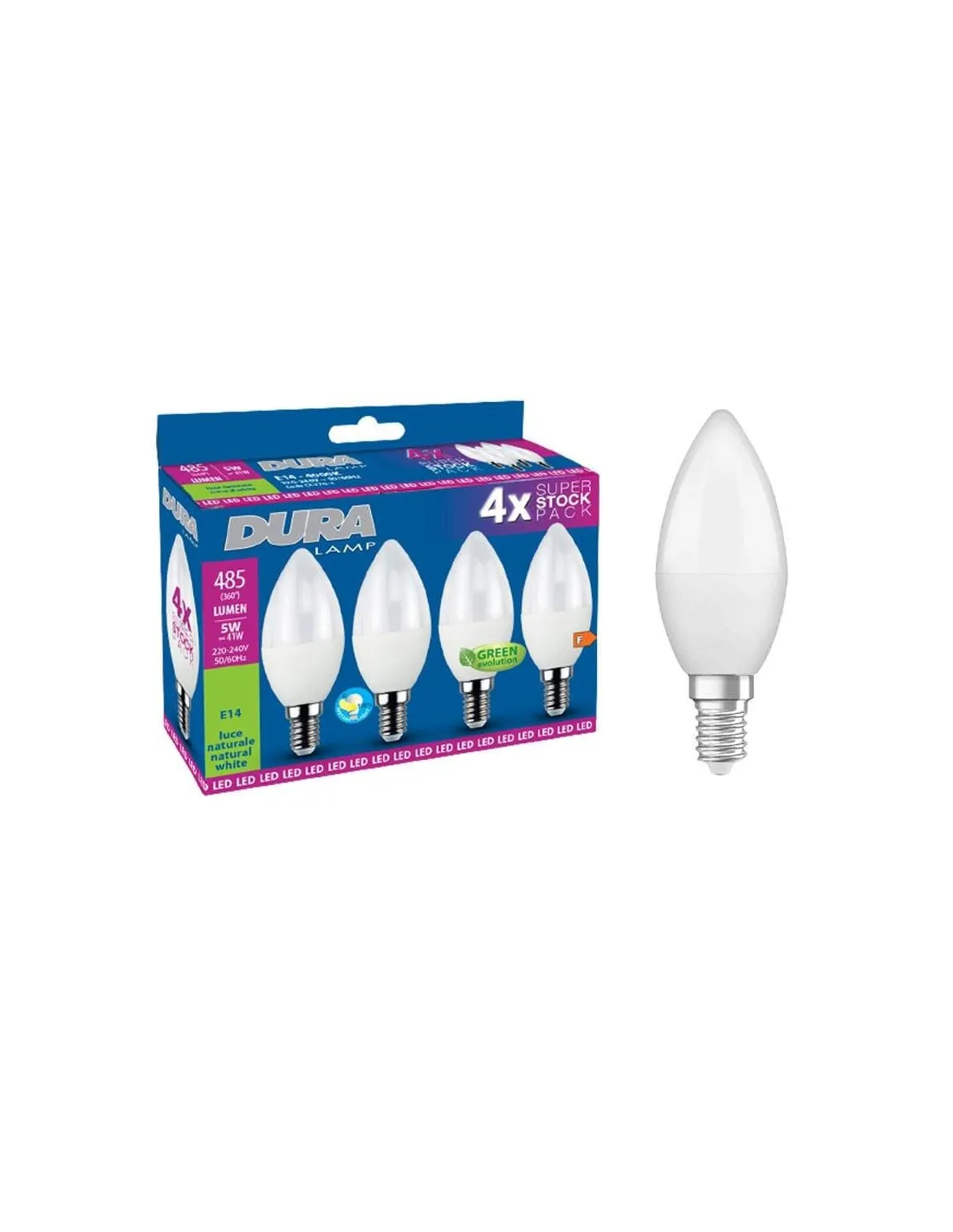 Lampadina Led a oliva Duralamp 5W attacco E14 400K 4 pezzi CC37N-4